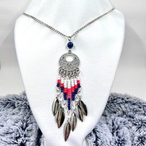 Blue, Coral & White Beaded Dream Catcher Silver Tone 22” Necklace